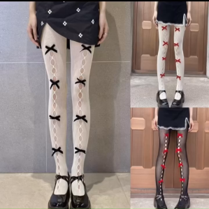 Vớ Đùi Dài Quần Tất Lưới Đính Nơ Nhỏ Cute Khoét Lỗ Dọc Chân Phối Đồ Cosplay Lolita Coquette Tiểu Thư Siêu Co Giãn Cao Cấp