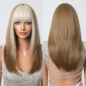 วิกผมสังเคราะห์สีน้ำตาลอ่อนผมม้าสีบลอนด์ยาวสะพายไหล่วิกผมผู้หญิงคอสเพลย์ปาร์ตี้ฮาโลวีนทนความร้อน