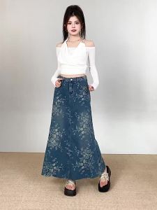 LA CHAPELLE | Embroidered Denim High Waisted Loose A-Line Flared Skirt