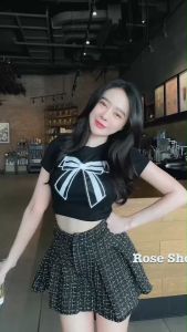 TW22066 Set 2 ชิ้น เสื้อครอป ติดอ่ะไหล่ + กระโปรงสั้น ..