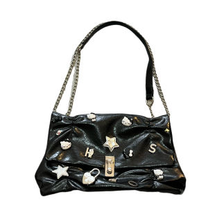 Shiny Leather Spicy Girl Cool Sweet Crossbody Bag with Chain Underarm Bag Trendy Kitty Rhinestone Leisure Fashion Handbag