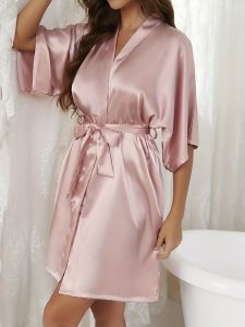Solid Satin Night Robe Elegant Half Sleeve V Neck House Robe With Belt Womens Sleepwear