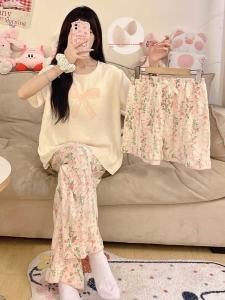 Floral Butterfly Knot Womens Sleepwear Short Sleeve Long Pants Three Piece Set Summer Sweet Style Home Clothes Outdoor Wearable