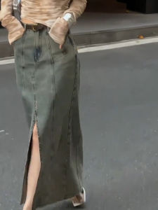 Retro Hong Kong Style High Waist Denim Skirt Womens Fall New Spicy Slimming over Knee Half Skirt Commute Korean Style