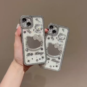 3D cartoon cat mirror water diamond edge electroplating case for iPhone 13 14 15 16 17 Pro Max casing Anti fall protective cover for iPhone16 case