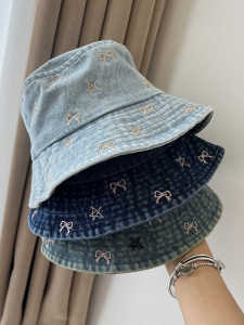 Thêu Denim Lưu Vực Nón Nữ Retro Chống Nắng Câu Cá Mũ Có Cung Tên Nghệ Thuật Nút Bướm Phong Cách Thường Ngày