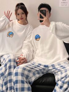Couples Thickened Fleece Pajamas Autumn Winter Home Clothes Cartoon Plaid Hooded Sleepwear Long Sleeve round Neck Home Suit