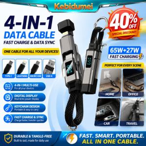 KEBIDUMEI NEW 4-in-1 Multi USB Charging Cable with LED Display Fast Charge Data Cord for iPhone Type-C Android Portable Keychain Charger