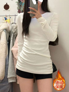 White Slim Fit Mid-Length T-Shirt Womens Long Sleeve Warm Flocking round Neck Base Shirt Top Korean Style Commute Fashion