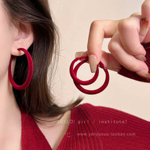Ankela Red Flocking Earrings Vintage Court Style Womens Aesthetic Circle Earring Fresh out Fashion Jewelry Accessories