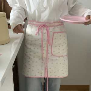 Korean Style Floral Apron Half Length with Belt Layered Wear Photography Prop for Baking Coffee Shop Flower Shop