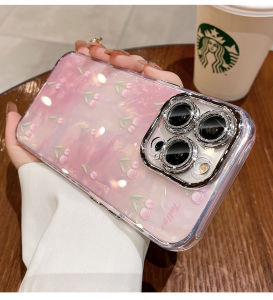 CrashStar With Glitter Lens Films Fashion Colorful Pink Tulip Flower  Phone Case For iPhone 15 14 Pro Max Plus 13 12 Pro Max 11 Luxury Hard Shockproof Phone Casing Cover Shell With Lanyard With Full Cover Camera Protection