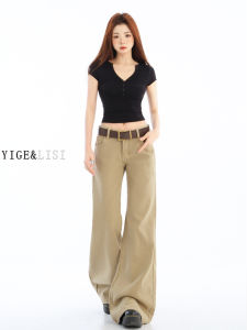 Khaki Retro Flared Denim Jeans Womens Low Waist Loose Fit Fleece Lined Draping Wide Leg Pants Casual Cotton Jeans