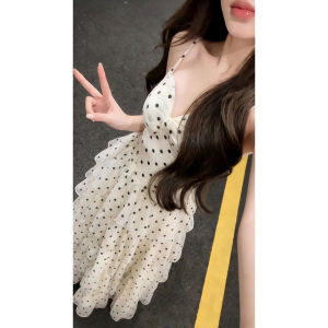 CHANGTONG | Summer New French Style V-Neck Polka Dot Dresses