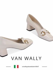 VAN WALLY ใหม่ ผู้หญิง รองเท้าส้นสูง 5 ซม. ส้นหนา นุ่ม หนัง Sensation Horse Buckle รองเท้าหนังแกะ ทันสมัย หวาน สไตล์