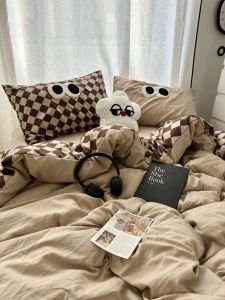 Retro Ins Mix and Match Chess Plate Grid Washed Cotton Bed Four-Piece Set Bed Sheet Student Dormitory Duvet Cover Three-Piece Fitted Sheet
