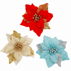10Pcs Glitter Artificial Flower Fake Flower Christmas Xmas Tree Decoration for Home Deco Wreath Ornaments Happy New Year Gift