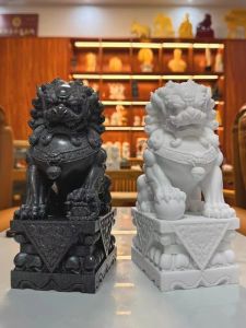 Miniature Marble Lions Statue Pair for Home Decoration Courtyard Scenery Stone Sculpture Royal Chinese Style Peace Assurance