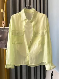 Áo Sơ Mi Nữ Màu Xanh Lá Cây Ngắn Tay Dài Mùa Hè 2024 Áo Khoác Ngoài Trong Suốt Áo Sơ Mi Cổ Polo Dáng Rộng Thường Ngày