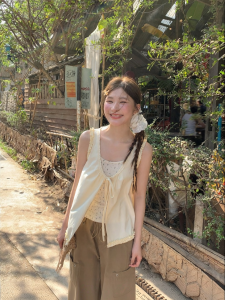 NIHAOKANONG | Bộ Áo Cardigan Viền Tai Gỗ và Đầm Ngực Trắng Mùa Hè Dễ Thương