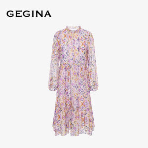 GEGINA French Window Flower Silk Cotton Print Dress V-neck Elegant Fashionable Skirt High Waist Lantern Sleeve A-line Midi Dress