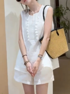 Shalldoer | Laid-back Loose Womens Summer Outfit V-neck Sleeveless Vest and Shorts Two-piece Set Korean Style Casual Tassel Trim