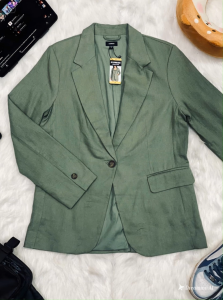 Áo khoác vest blazer linen nữ dáng suông phong cách Mỹ công sở