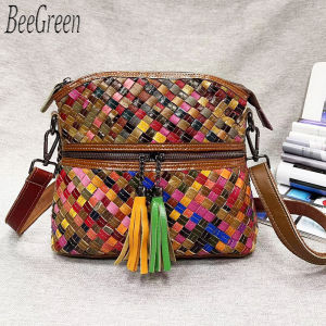 BeeGreen Women Woven Leather Shoulder Bag Fashion Colorful Messenger Bag Casual Tassel Sling Bag