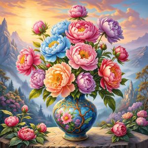 HUACAN 11CT Embroidery Kits Peony Flower Point Of Cross Floral Mountain Sunset DIY Hand Sewing DMC Set Counted Home Decor