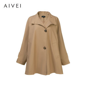 Aivei Autumn Retro British Style Artistic Stand Collar Mid-Length Coat Jacket Simple Elegant Fashionable Womens Outerwear