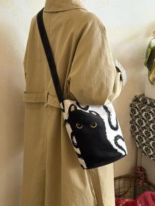 Casual Large Capacity Cat Design Bucket Bag Single Shoulder Crossbody Bag Trendy Korean Style Womens Bag Leisure Fashion
