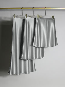 Silver Satin A-Line Half Skirt Womens Short Medium Long Fish Tail High-End plus Size Commute Style Pure Color Natural Waist