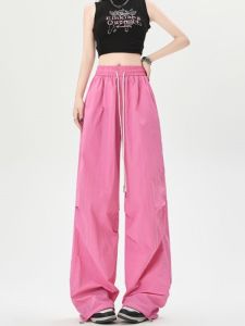Pink Workpants Quick Dry Thin Sporty Loose Casual Tileged Pants Summer Korean Style High Waist Length Pants Unbranded Leisure Commuting Wind