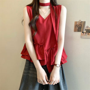 chaqi | Pleated V-Neck Blue Vest