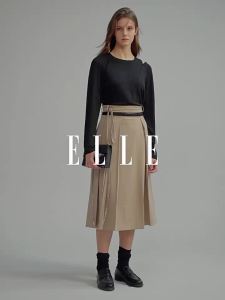Elle | Khaki High-Waist A-Line Draped Utility Skirt