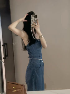 Retro Hong Kong Style Womens Denim Tube Top High Waist Wide Leg Pants Two Piece Set Summer Sweet Style No Sleeve mid Length Skirt