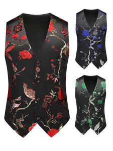 Autumn New Mens Suit Vest Korean Version Slim Fit Floral Carving Chinese Style Western Clothes No Sleeve Professional Top