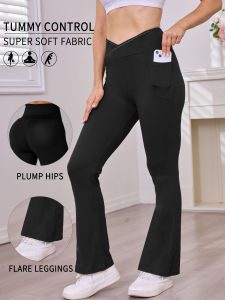 Womens Super Soft Crossover High Waisted Flare Legging With Pockets Tummy Control Yoga Bootleg Bell Bottoms