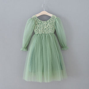 Girl Party Dresses Long Sleeves Sage Green Open Back Flower Girl Dresses Prom Dresses Formal Clothes E0409