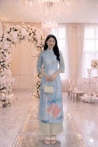 Áo dài truyền thống màu xanh nhạt in hoa sen và chim hồng hạc sạng trọng