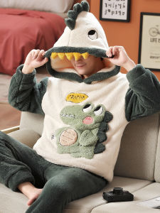 SHAPRA | Warm Plush Flannel Male Sleepwear Cartoon Crocodile Print