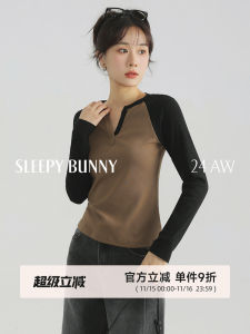 Slim Fit V-Neck T-Shirt Womens Casual Long Sleeve Autumn Top Color Block Contrast Design Base Layer Shirt Vintage Style