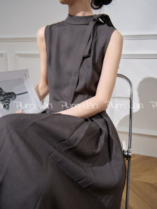 Gray Vest Dress Women Summer New Design Sensation Tea Break French Style A-Line Long Skirt High Waist Polyester Fiber