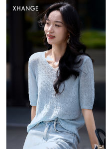 Pastel Color Simple V-Neck Short Sleeve Womens Knit Top