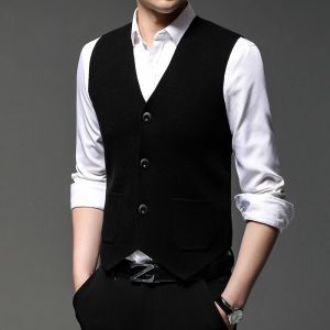 ROMON | Romon Mens Knitted Vest Autumn Winter Business V-neck Open Cardigan Sleeveless Shoulder Pad Sweater Fashion City Style Thickened