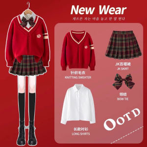 ชุดเด็กผู้หญิง ชุดนักเรียนสีแดง 3 ชิ้น ผ้าถัก ฤดูใบไม้ผลิและฤดูใบไม้ร่วง เสื้อคาร์ดิแกนเปิด ชุดนักเรียน JK สำหรับเด็กผู้หญิง