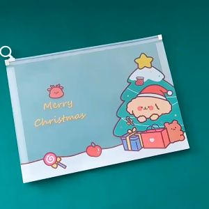 Beg Fail Kartun Krismas A4 Besar Comel Fail PP Transparan Zip Simpan Kertas Dokumen Pelajar 4pcs Cute Christmas File Paper Document Bag Large Capacity Transparent Storage Bag 卡通圣诞立体文件袋 A4大容量试卷收纳袋可爱PP透明拉边资料袋 M008