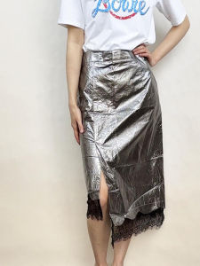 Asymmetric Hem Lace Trim Long Skirt Metal Color Half-length Womens Skirt Personality Series Elegant High-waist Midi Skirt