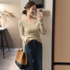 CHOEFULYN | French Grey Crossed V-Neck Knit Sweater Top