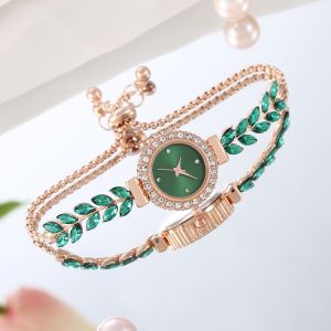 Diamond Scale Small Circular Diamond Inlaid Dial Green Blade Adjustable Bracelet Strap New Fashionable Women's Quartz Watch